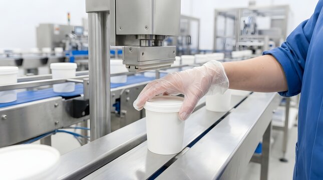 Worker sealing ice cream cups on an automated food production line in a clean industrial factory.