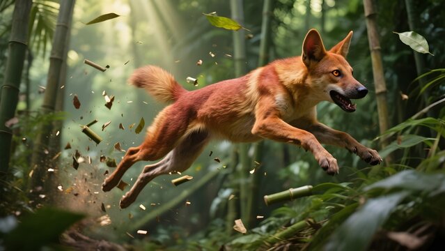 Close Up Rare Dhole Leaping Through Dense Asian Jungle
