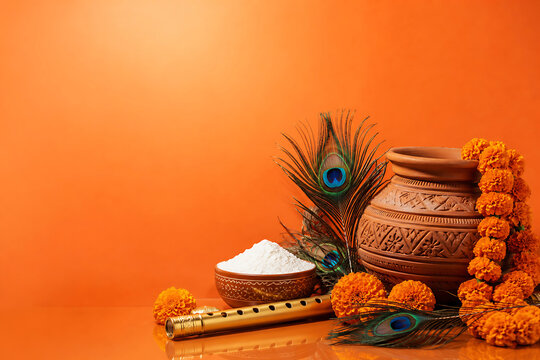 Traditional indian festival setup with a clay pot, peacock feathers, marigold flowers, and a bamboo flute on a vibrant orange background