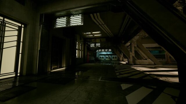 dark spaceship corridor interior industrial lighting, moody abandoned passage with metal catwalks and grated flooring, soft neon panels and distant control room