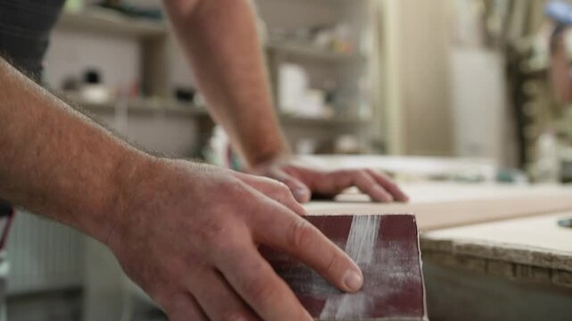 Carpenter uses hand plane to smooth edge of light wood board in workshop. Close up shows skilled hands guiding tool for precise finish. Workshop background suggests professional craft environment