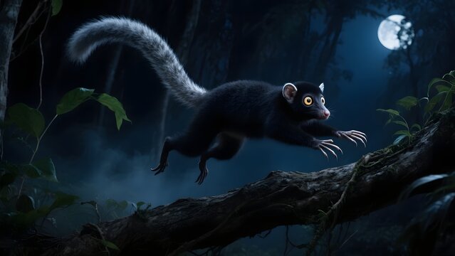 Rare Aye-Aye Lemur Leaping Through Moonlit Madagascar Forest