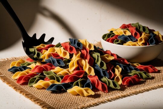 Colorful dry Italian Ortolana Creste di Gallo pasta pile on burlap fabric. Multi colored fusilli shapes in red yellow, green tones. Black pasta server scoops uncooked macaroni from heap. Raw organic