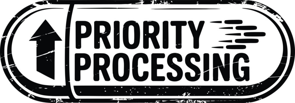 Priority processing stamp in a distressed capsule shape features an upward arrow and motion lines.