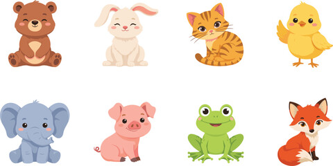Fototapeta premium Cute Baby Animal Cartoon Character Vector Illustration Set Featuring Bear, Rabbit, Cat, Chick, Elephant, Pig, Frog, and Fox for Kids Graphic Designs