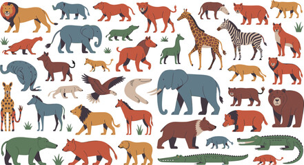 Fototapeta premium Wild Animal Character Vector Illustration Mega Set Featuring Lion Elephant Giraffe Zebra Bear Crocodile and Safari Wildlife Icons for Educational Nature Designs