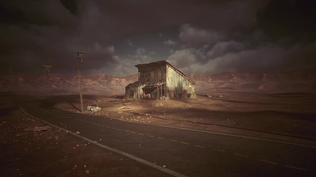 isolated shack on desert road under stormy dusk sky, weathered wood siding, cracked earth surrounding, distant mesa horizon, flicker of ember near entrance,