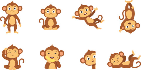 Obraz premium Cute Monkey Cartoon Character Vector Illustration Set with Various Poses, Expressions, and Eating Banana for Kids Jungle and Wildlife Graphic Designs
