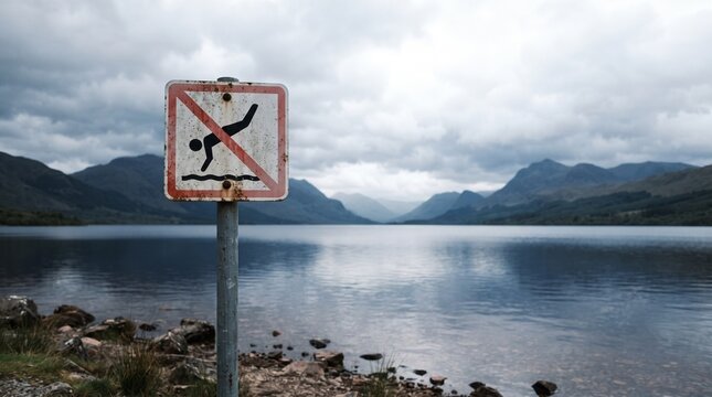 No swimming warning sign on rocky lakeside with stormy mountain backdrop