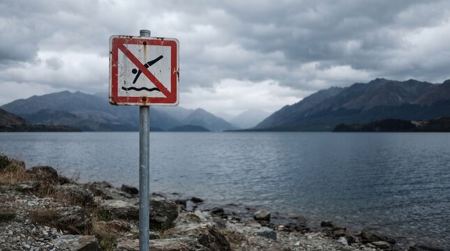 No swimming warning sign on rocky lakeside with stormy mountain backdrop