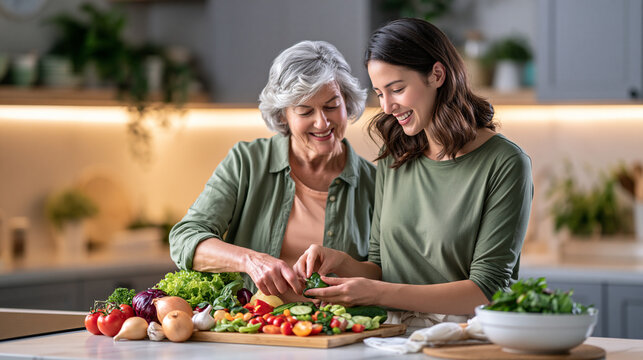 Grandparent and adult daughter preparing colorful healthy meal in elegant kitchen highlighting intergenerational connection and wellness lifestyle