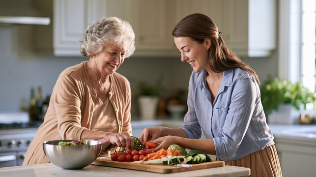 Grandparent and adult daughter preparing colorful healthy meal in elegant kitchen highlighting intergenerational connection and wellness lifestyle