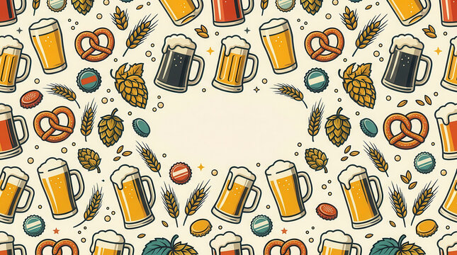 Seamless pattern with beer mugs, pretzels, hops, and wheat ears on a light background