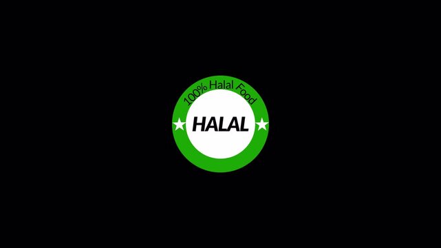 100% Halal stamp animation 4k animation with alpha channel  as a marker for food or beverages for Muslims on  transparent background 100% halal food sign animation give me 50 keyword in single digit