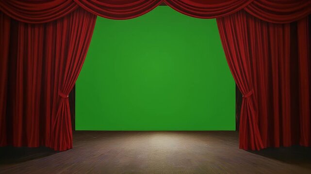 A triptych of a stage with red curtains opening to reveal a green screen backdrop.