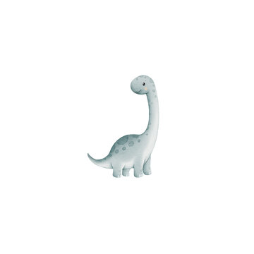 Cute watercolor diplodocus dinosaur clipart. Long neck baby dino isolated illustration.