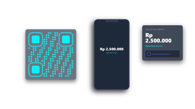 Premium QR payment animation representing contactless transactions, digital payments, mobile banking, fintech, cashless shopping, and secure financial technology.