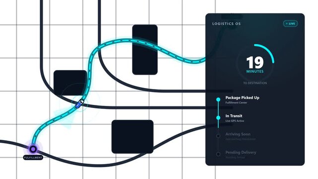 Premium 4K same-day delivery tracking animation representing fast shipping, package tracking, logistics, e-commerce, express delivery, and modern supply chain technology.