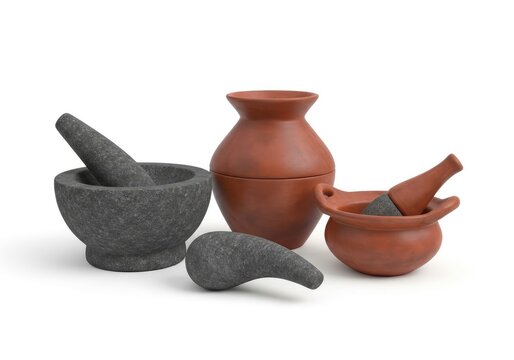 Traditional stone mortar and clay pottery set for kitchen use isolated on white background.