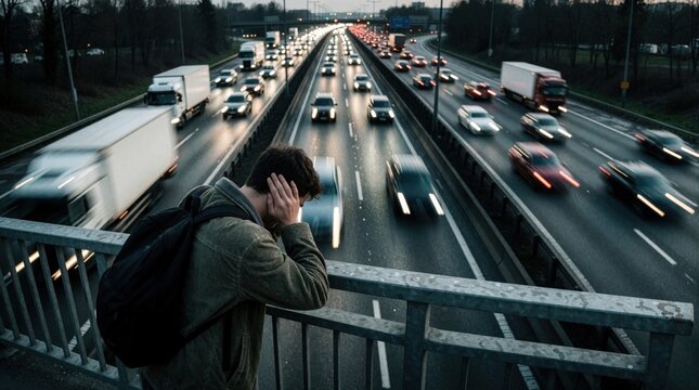 Man on bridge covers ears from loud highway traffic noise. Busy road with cars and trucks creates stress. Urban life pressure, sensory overload.