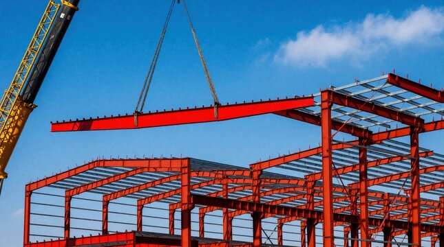 Yellow crane lifts red steel beam onto unfinished industrial building frame. Workers assemble metal structure under clear blue sky. Construction site progress.
