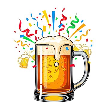 Glass mug filled with beer and foam splashing with colorful confetti for a celebration