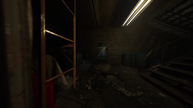 dark storage room with barrels, puddle reflecting distant light beyond doorway, rusted drums and wet floor create slippery sheen, faint signs of chemical stains