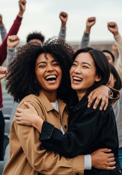 Diverse Young Women Hugging and Laughing at a Peaceful Protest or Rally with Raised Fists in Background