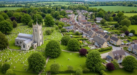 Naklejka premium Aerial View of a Historic English Village with a Traditional Stone Church, Graveyard, and Quaint Cottages in the Countryside