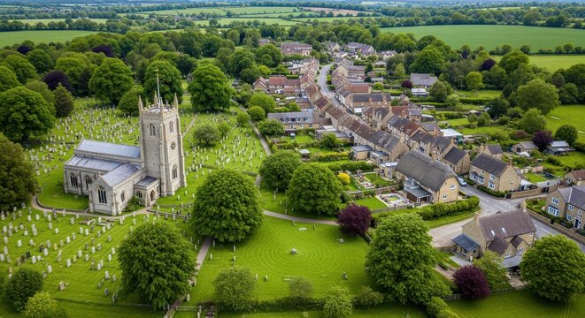 Aerial View of a Historic English Village with a Traditional Stone Church, Graveyard, and Quaint Cottages in the Countryside
