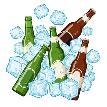 Green and brown beer bottles chilled with ice cubes isolated on white background.