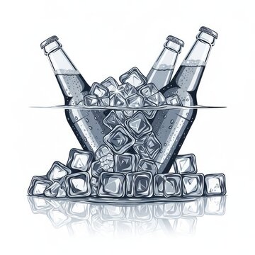 Three cold beer bottles chilled in ice cubes on a white background.