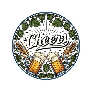 Two beer mugs clinking with cheers typography and hop ornament for brewery celebration badge