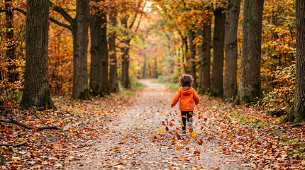 Fototapeta premium Young child in orange jacket running along a forest path covered with fallen autumn leaves