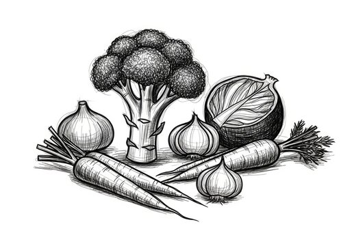 Hand drawn sketch of fresh vegetables including broccoli carrots and onions on white background
