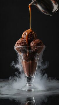 Pouring Caramel Sauce on Chocolate Ice Cream Sundae with Smoke Effect