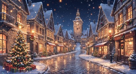 Naklejka premium Anime-Style Illustration of a Snowy European Village at Christmas Night