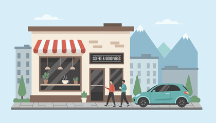 Naklejka premium Modern coffee shop exterior featuring a striped awning large window seating area people walking by and a car parked on the city street.