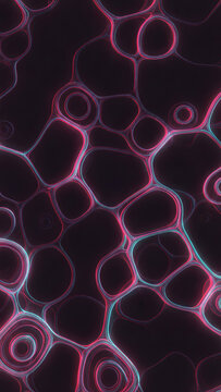 Abstract background of glowing red and blue organic cellular structures on dark.