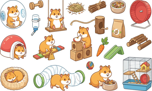 Hamster activity and pet care illustration set with toys, cage, and accessories