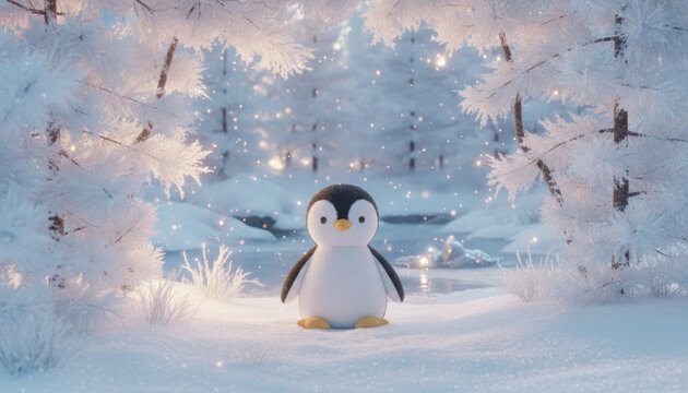 Cute little cartoon penguin standing in a magical snowy forest at winter.