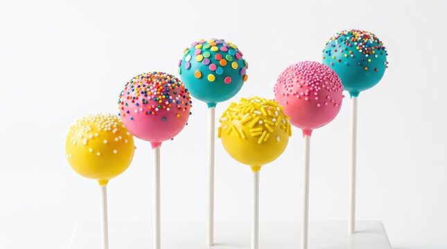 Delicious and Colorful Cake Pops Decorated with Various Sprinkles Arranged on a Clean White Background
