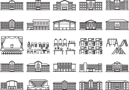 Educational Institutions Collection: A montage of various educational building facades, auditoriums, classrooms, and recreational areas, symbolizing learning and community engagement.