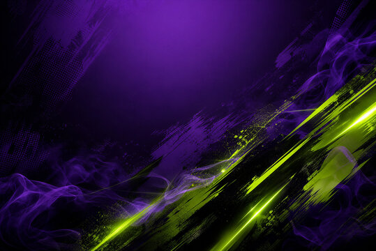 Abstract purple background with neon green light streaks. Dynamic grunge texture with glowing diagonal lines. Dark vignette design for creative projects.