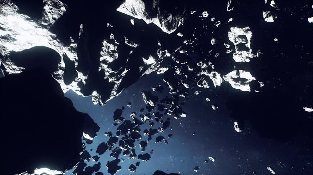 wide overhead view revealing depth of asteroid belt, layered fragments cascading into distant starlight, sweeping perspective and dramatic scale, cool