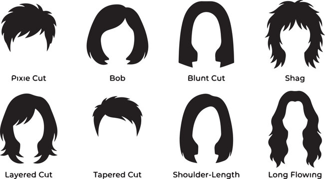 Hair Silhouettes Bundle, Modern Hairstyles Illustration Set, Including Pixie Cut, Bob, Blunt Cut, Shag, Layered