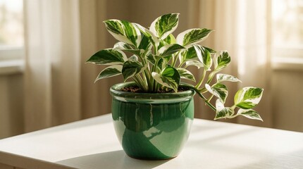 Fototapeta premium Variegated pothos plant sits in green ceramic pot. White table catches soft window light creating gentle shadows. Cozy home decor piece with lush green foliage.