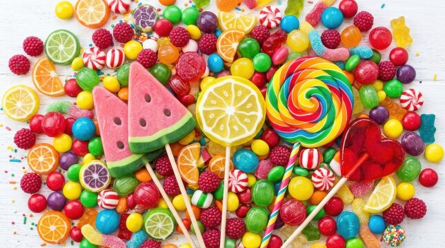 Colorful Assortment of Mixed Candies and Lollipops on White Background - Vibrant Sweet Treats Flat Lay
