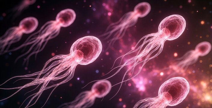 Pink sperm cells swim in microscopic view. Male gametes move in biological fluid, representing life, reproduction, and fertilization research.