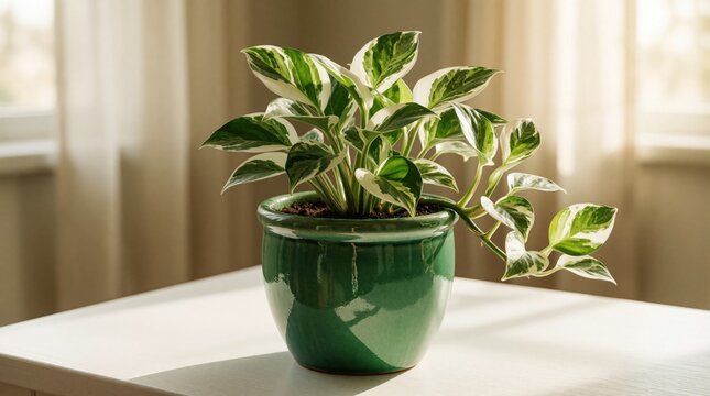 Variegated pothos plant sits in green ceramic pot. White table catches soft window light creating gentle shadows. Cozy home decor piece with lush green foliage.